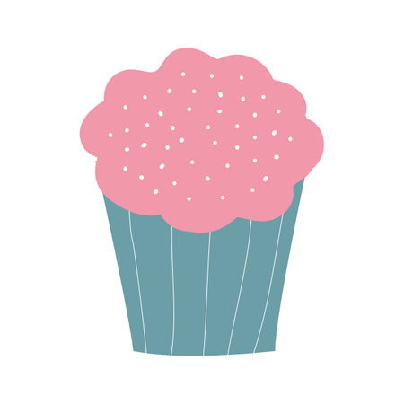 Cartoon cupcake with cream on a white background. Hand drawn illustration in the Scandinavian styleのイラスト素材