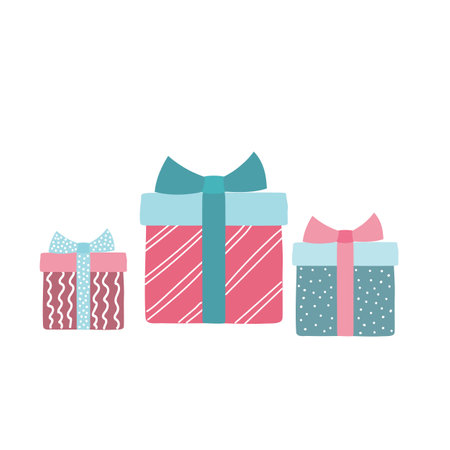 Three colorful vector gift box isolated on an off-white backgroundのイラスト素材