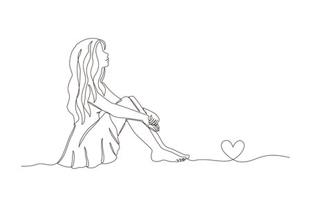 The sitting girl looks up in anticipation. Hand drawn illustration in the style of a continuous line.のイラスト素材