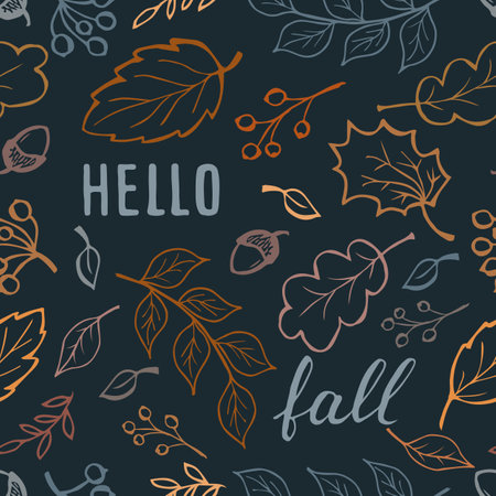 Autumn seamless pattern with lettering hand draw on a dark background.のイラスト素材