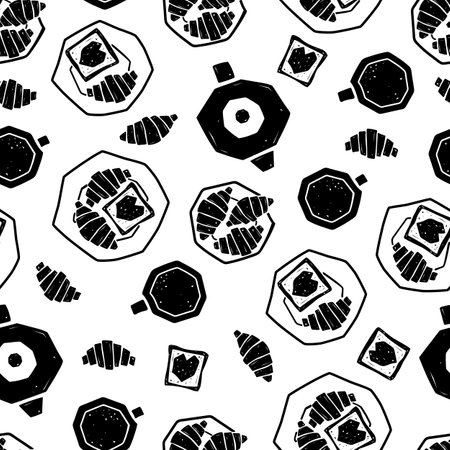 Seamless pattern with stylized coffee cup, coffee pot and croissant on a white background.のイラスト素材