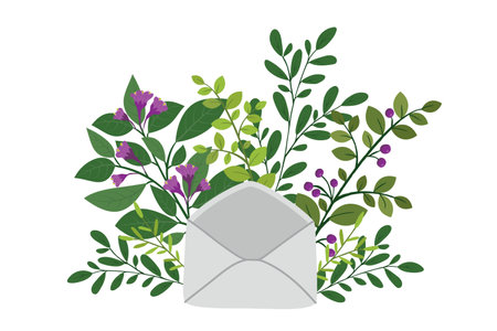 Bouquet of flowers behind a paper envelope. Flat design.のイラスト素材
