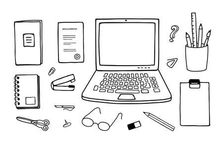 Set hand drawn school items on a sheet with lettering Back to School.のイラスト素材