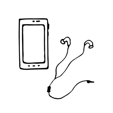 Hand drawn illustration Phone with headphones in doodle styleのイラスト素材