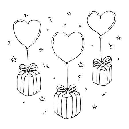 Hand drawn gift box with heart shape air balloon.のイラスト素材