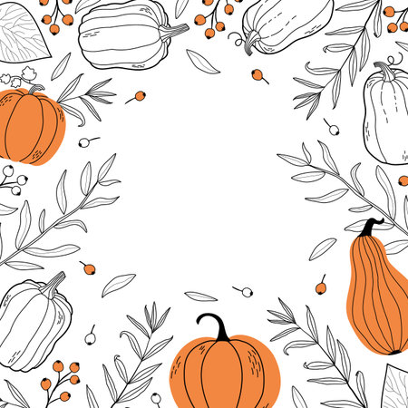 A Frame with Autumn Leaves, Twigs and Pumpkins.のイラスト素材