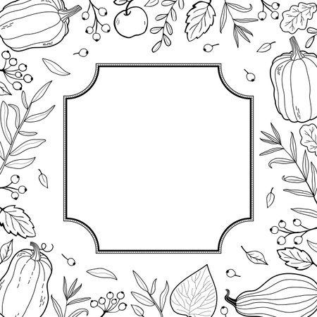 Autumn square frame. Autumn time postcard template. Fall foliage frame in doodle style. Autumn elements - leaves, acorns, twigs, berries. Cartoon illustration, decor frame.のイラスト素材
