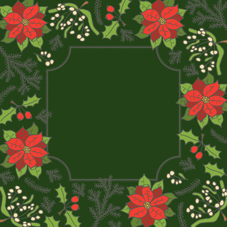 Christmas wreath or frame made of fir branches with poinsettia.のイラスト素材