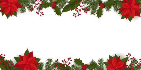Festive frame with spruce branches, poinsettia, berries and leaves.のイラスト素材