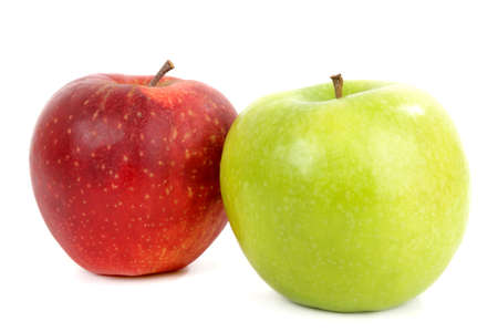 Two apples, red and green on a white backgroundの写真素材