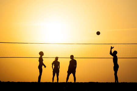 group of young people igoat in volleyball on the sea coastの写真素材