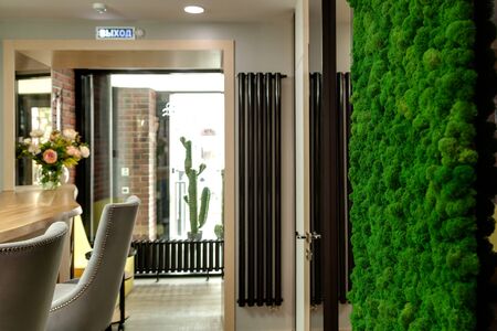 Wall in a beauty salon decorated with decorative green mossの写真素材