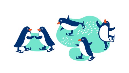 Penguins on skates, skating on ice. Illustration for holiday cards, posters For merry Christmas and New year in cartoon style. Vector illustrationのイラスト素材