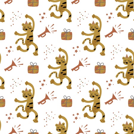 Seamless pattern with dancing monkey, gift box and pipe. Vector illustration. For packaging design, Wallpaper, prints on fabricのイラスト素材