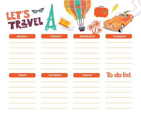 Vector weekly planner with travel elements. Schedule design template. Eiffel tower, convertible car, balloon, palm trees, glasses, suitcase.のイラスト素材
