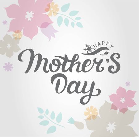 Happy Mother's Day text with flowers decoration. Hand drawn lettering as Mother's day badge, icon. Template for Happy Mother's day, invitation, greeting card, postcard.のイラスト素材