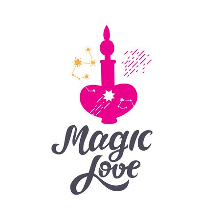 Magic love hand-drawn sign with poison bottle and space elements, stars, constellations. Illustration for nursery, kids print, textile design, Valentines day design. Vector illustrationのイラスト素材