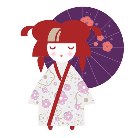 Illustration of a Japanese Girl in the form of a National Kokeshi doll in a kimono with floral decor and an umbrella. Ideal for textile design, baby prints, postcardsのイラスト素材