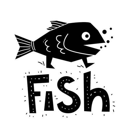 Illustration of a funny walking fish in cartoon style. Ideal for children's goods, to print on t-shirts, dresses, shoes, bagsのイラスト素材