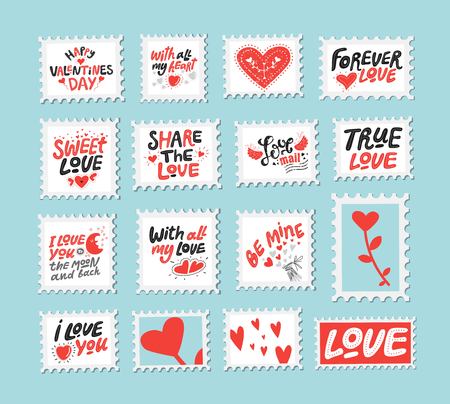 Love post stamps set. Love quotes, sayings. Hand drawn lettering and illustration with hearts. For Valentines Day design, poster, card, socael media. Vector illustrationのイラスト素材