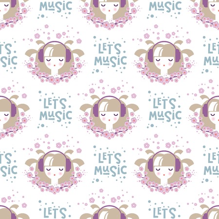 Seamless pattern Girl in headphones with floral decor and text Let's music. For spring season greetings, postcards, posters for nursery, packaging paper designのイラスト素材