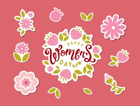 International Womens Day emblem, sign design. Lettering Happy Womens day with flowers. Design for card, poster, flyer or social network.のイラスト素材