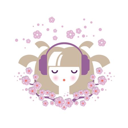 Illustration of a girl in headphones with floral decor in cartoon style. For spring season greetings, postcards, posters in childrens, prints. Vector illustrationのイラスト素材