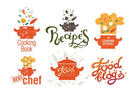 Set of badges, labels, logos for food blog, foods shop, recipes book and cooking courses with vector illustration, vegetables, chef's cap, tureen.のイラスト素材