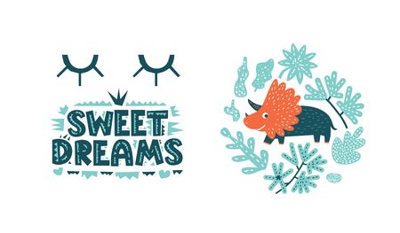 Dinosaurs cute vector illustration in flat cartoon style. Sweet dreams hand drawn lettering. Illustration for nursery t-shirt, logo, invitation, poster, card, baby showerのイラスト素材