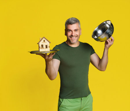 Happy middle aged man hold open empty metallic cloche for mock up or product placement isolated on yellow background. Romantic dinner at home man cooking skills. Service, restaurant, HoReCa concept.の写真素材