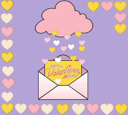 a ready-made Valentines day card. lilac background and lots of hearts of different colors. signature on a Valentines day card. Hearts fall from the cloud into an envelope. High quality illustrationの写真素材