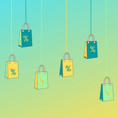 there are six bags with discounts and interest on a green background . sale and discount. high quality illustrationの写真素材
