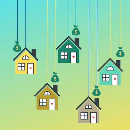 on a green background there are five houses with a price . house sale and discount. high quality illustrationの写真素材