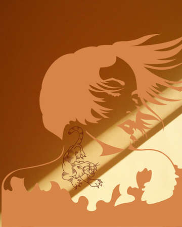 on a golden background, a girl with a tiger tattoo on her neck. high quality illustrationの写真素材