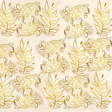 The postcard has a beige background, a golden flower and golden leaves. high quality illustrationの写真素材