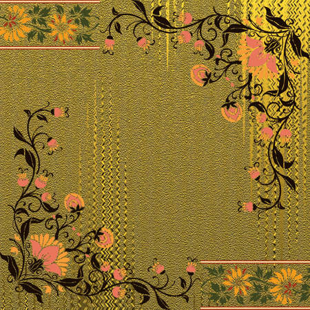 on the background there is a golden curtain and an ornament on the edge of orange flowers. high quality illustrationの写真素材