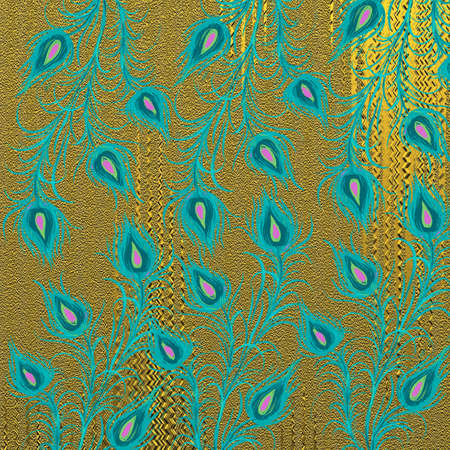 peacock feathers on a golden background. High quality illustrationの写真素材