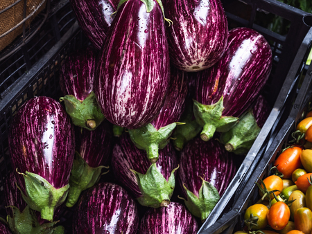 Eggplant in a crate and yellow tomatoes. Top view, close-up. Healthy food conceptの写真素材