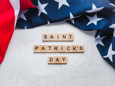 St.Patrick 's Day. Beautiful card. White isolated background, close-up, top view, wooden surface. Congratulations for loved ones, relatives, friends and colleaguesの写真素材