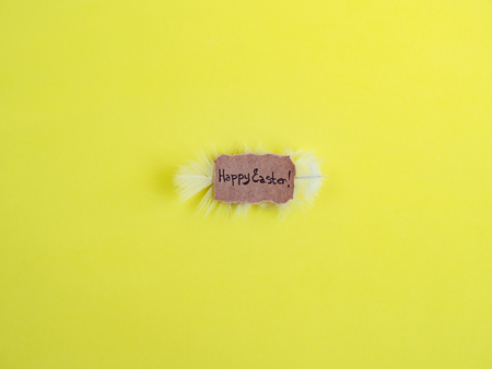 Congratulations on Easter on a yellow, isolated background. Top view, close-up. Happy Easter