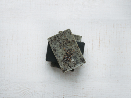 Natural handmade soap on a white, isolated background. Top view, close-up. Concept of beauty and body careの写真素材
