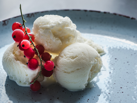 Bright, flavor ice cream and a sprig of red currants. Isolated background. Close-up, top view. Concept of tasty and healthy foodの写真素材