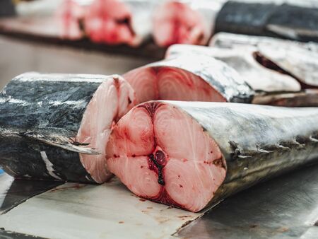 Fresh fish at the fish market. Close-up. Concept of healthy eating