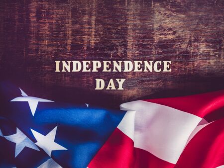Happy Independence Day. Beautiful greeting card. Close-up, view from above. National holiday concept. Congratulations for family, relatives, friends and colleaguesの写真素材