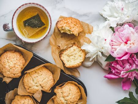 Fresh, fragrant homemade pastries. Close-up, side view. Tasty and healthy eating conceptの写真素材