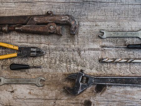 LABOR DAY. Hand tools lying on the table. Top view, close-up. Preparing for the celebration....