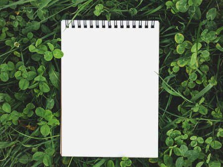 Blank page of the Notebook lying on a clover