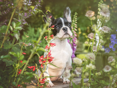 Cute puppy sits in a meadow near growing flowers. Clear, sunny day. Closeup, outdoor. Day light. Concept of care, education, obedience training and raising petsの写真素材