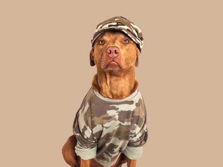 Cute brown dog, military shirt and army cap. Closeup, indoors. Studio shot. Congratulations for family, loved ones, relatives, friends and colleagues. Pets care conceptの写真素材