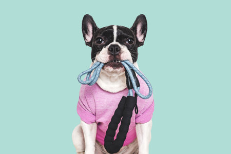 Cute puppy and leash. Preparing for morning walk with dog. Close-up, indoors. Studio shot. Concept...